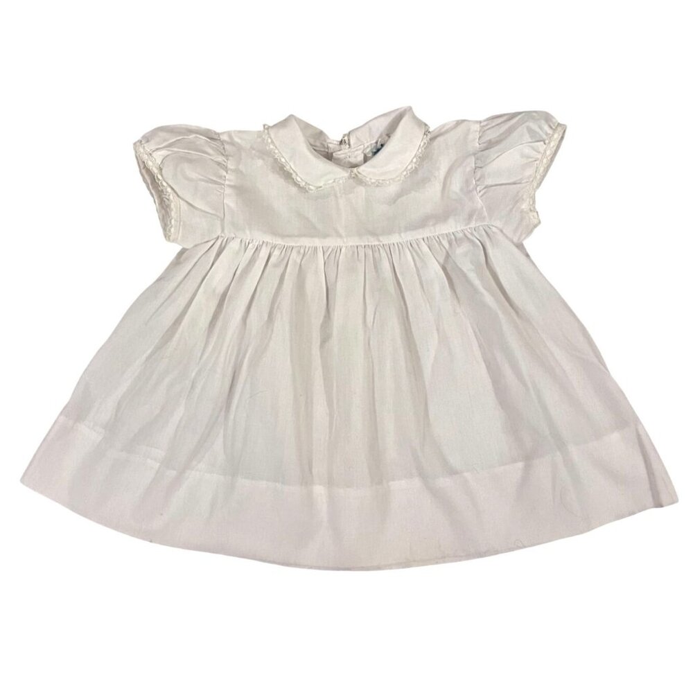 Vintage Toddler Girls White Cotton Dress 18M Peter Pan Collar & Lace Details